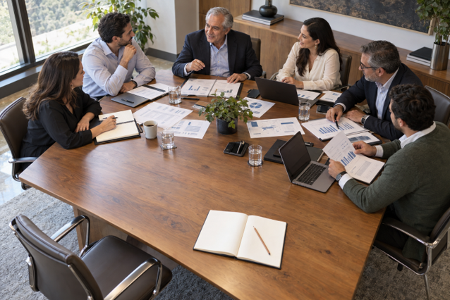 Equipo directivo conversa alrededor de una mesa, con una silla vacía y un cuaderno en blanco en primer plano.