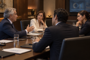 Integrantes de un consejo familiar conversan en una sala de juntas con información tecnológica en una pantalla.